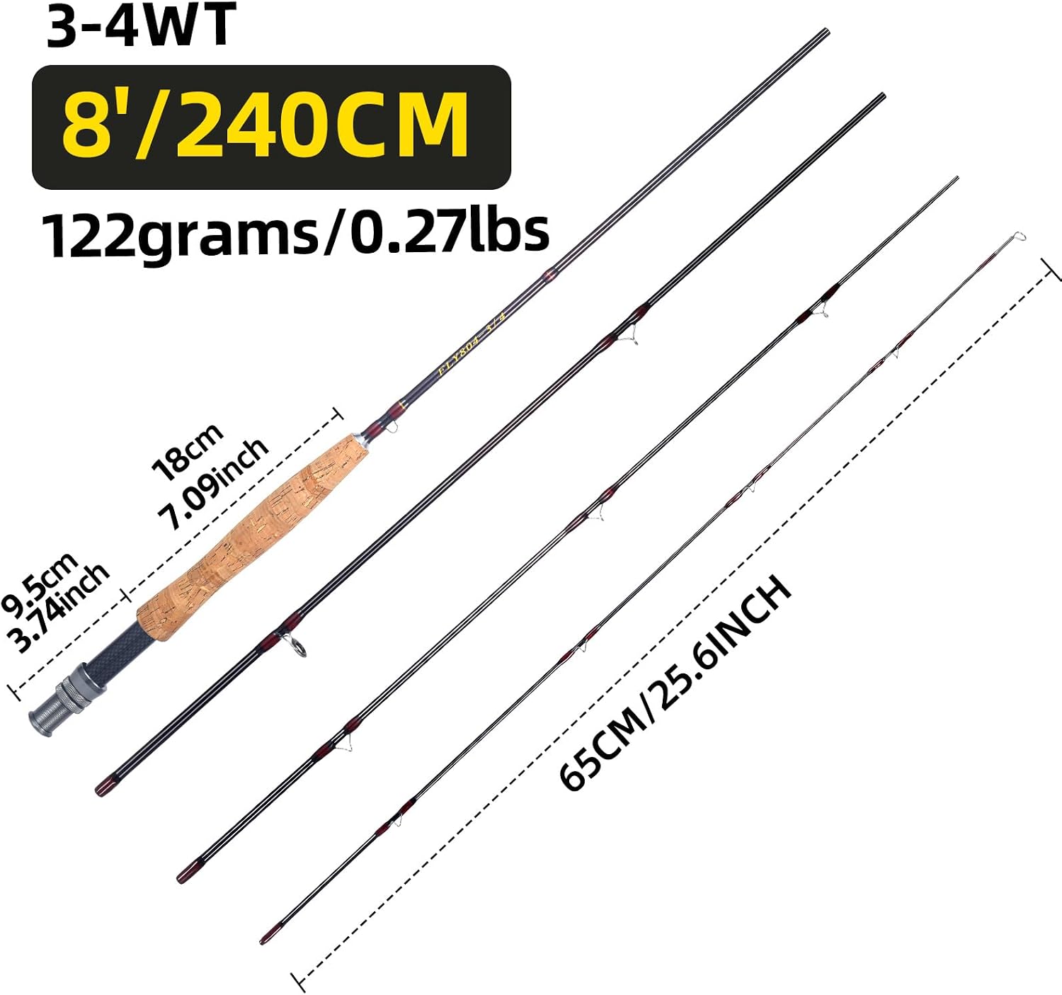 Fly Fishing Rod, Carbon Fiber, 8ft, 3/4wt to 5/6wt, 4 Piece Sections, Lightweight, Medium-Fast Action, Cork Grip, Hard Chromed Guides, Freshwater Bass Trout Fishing