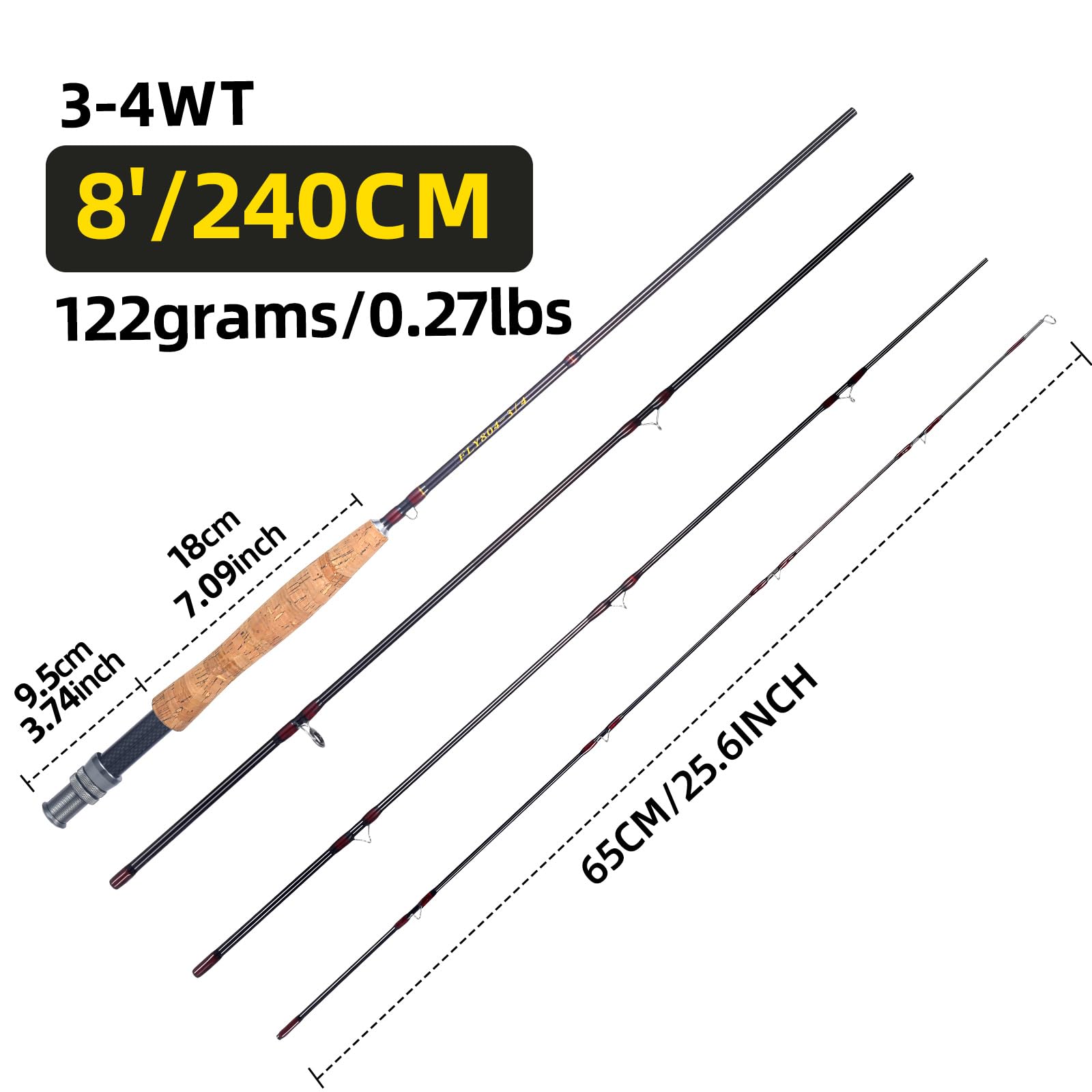 Fly Fishing Rod, Carbon Fiber, 8ft, 3/4wt to 5/6wt, 4 Piece Sections, Lightweight, Medium-Fast Action, Cork Grip, Hard Chromed Guides, Freshwater Bass Trout Fishing