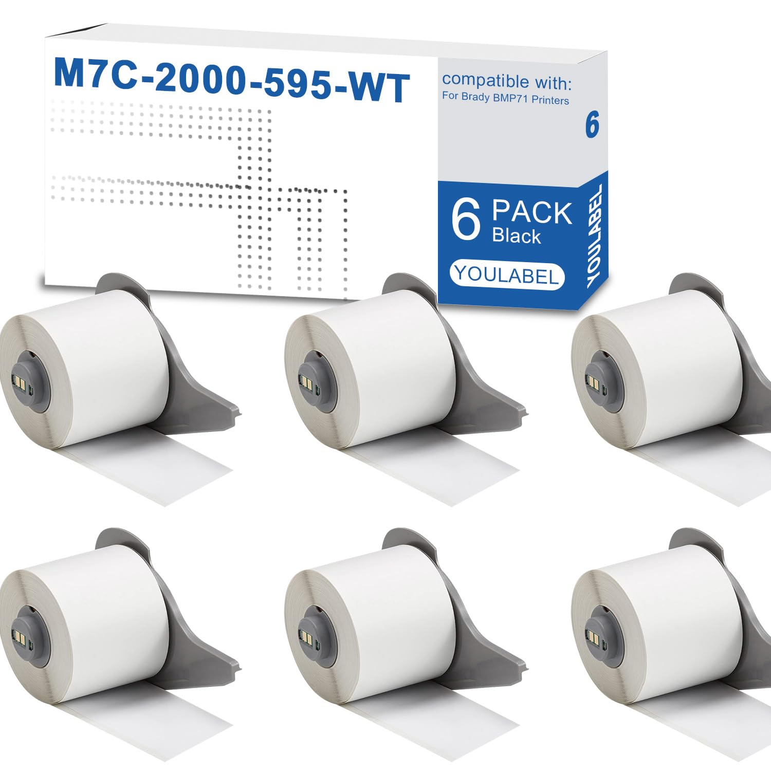 M7C-2000-595-WT - Nastro adesivo permanente in vinile compatibile con Brady per tutte le condizioni atmosferiche, per stampanti BMP71, 5,1 cm x 150 m, bianco (confezione da 6)