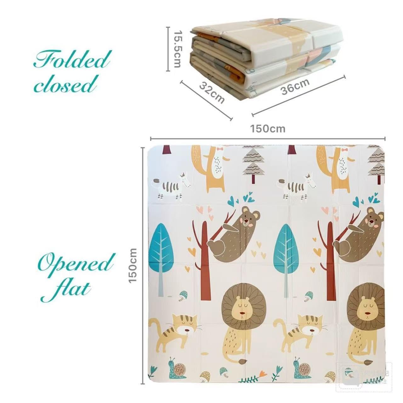 Tarkan Foldable Baby Play Mat with Raised Borders, Soft Foam Double-Sided Crawling Mat, 150 x 150 cm x 8mm, Animal Design, Compact Storage with Bag - Image 4 thumbnail