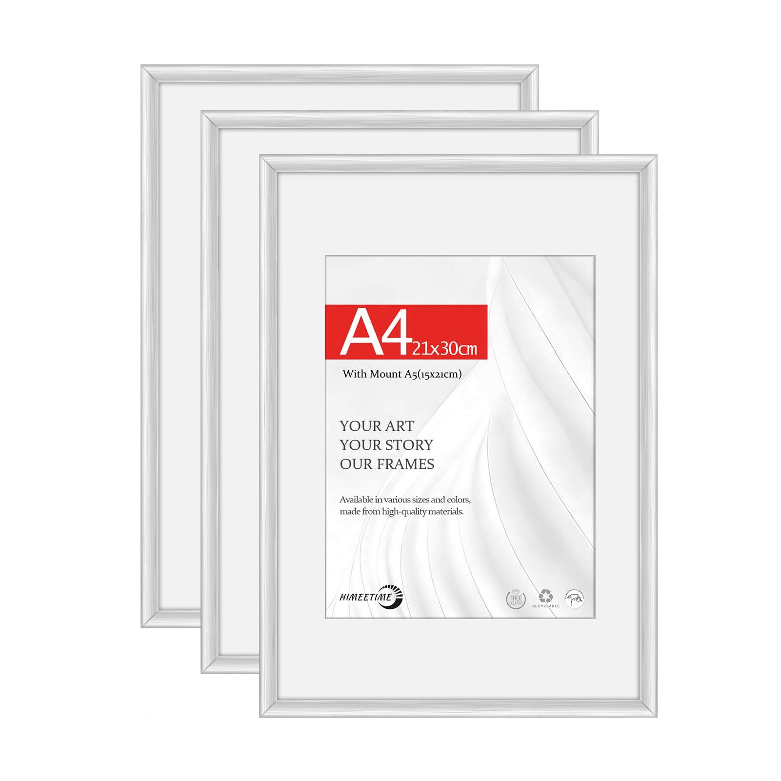 HIMEETIME® 3x A4 21x29.7cm Picture Frames | Silver Matte Aluminum Metal | 21x30cm Certificate Frame with Shatterproof Acrylic Glass | Portrait & Landscape Wall Mount | Slim Profile