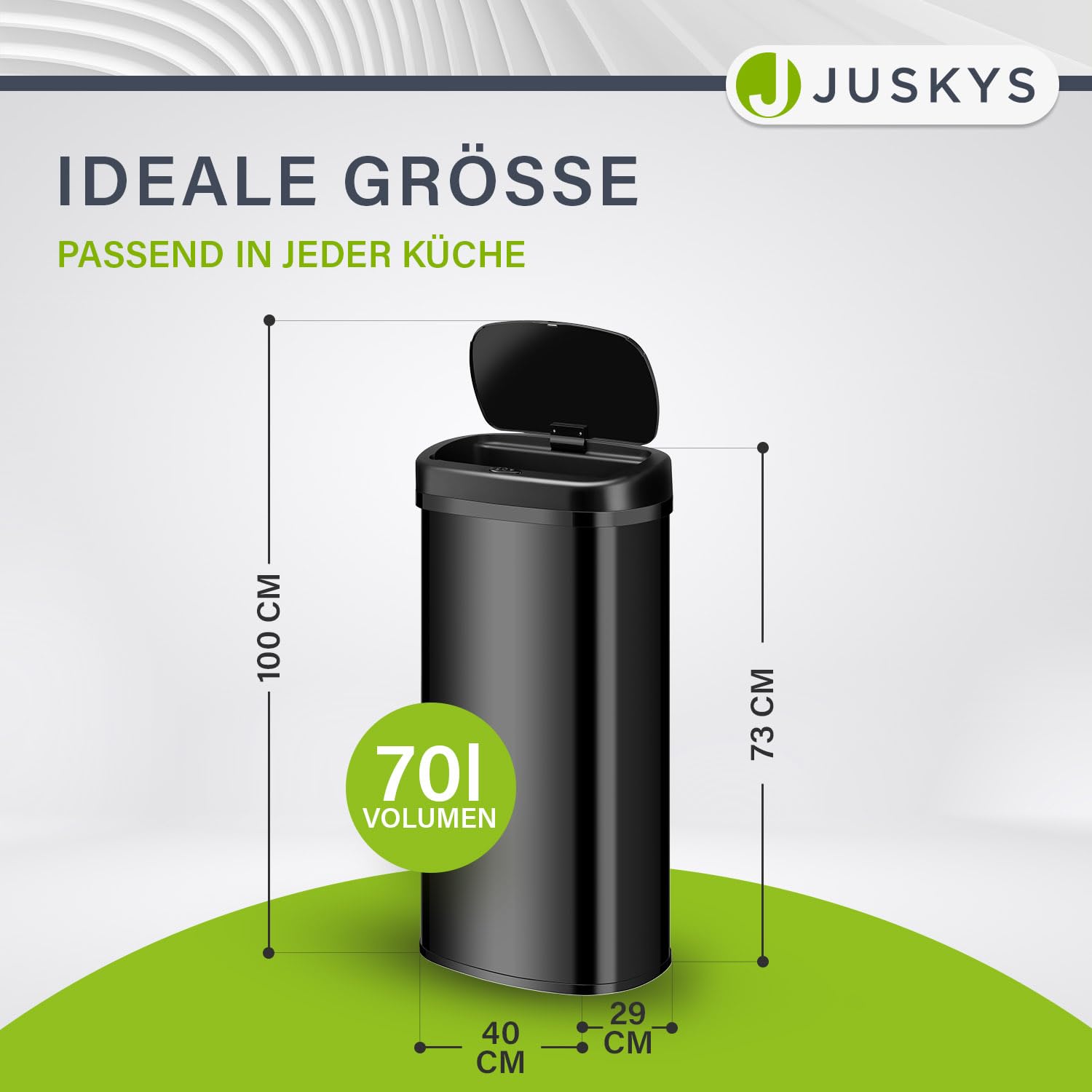 Juskys Mülleimer Küche mit Bewegungssensor Schwarz 70L - Eckiger Abfalleimer mit Klemmring für Müllbeutel - Rostfreier Stahl - Kontaktloses Entsorgen