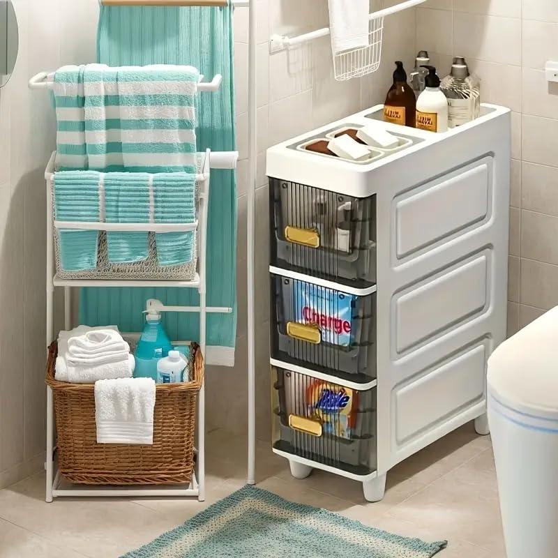 Image of LDQ Slim Storage Cabinet with Drawers - Durable Waterproof PP Organizer for Bathroom /Kitchen /Health - Small Spaces, Snacks, Display & Retail-3Layers