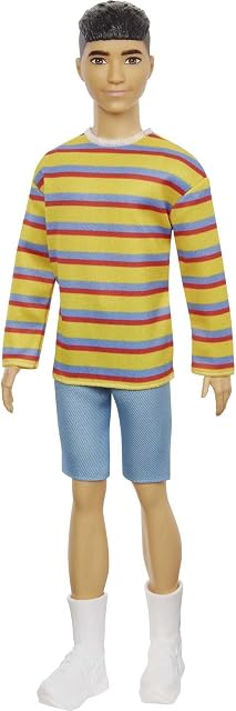 Barbie GRB91 Ken Fashionistas Doll #175 with Sculpted Brunette Hair Wearing a Long-sleeve Colorful Striped Shirt, Multicolor, 31.75 cm*5.08 cm*11.43 cm