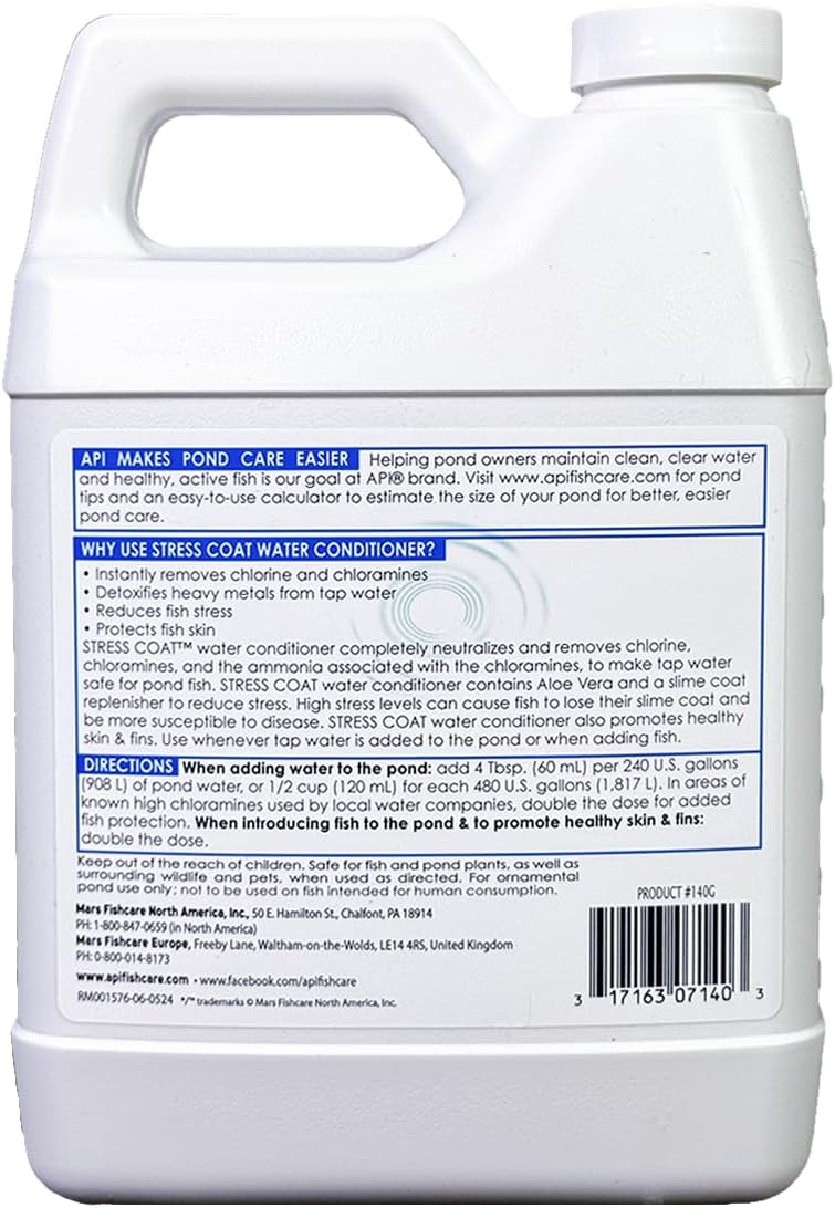 API Pond Stress Coat (32 fl oz) Pond Water Conditioner - Quickly Makes Tap Water Safe for Fish & Plants - Up to 3840 Gallons - Removes Chlorine, Ammonia & More - Aloe Vera - Natural Active Ingredient