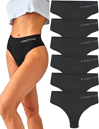 FINETOO 6 Pack High Waisted Thongs for Women, Nylon Spandex Panties Breathable Soft Stretchy Underwear High Rise S-XL