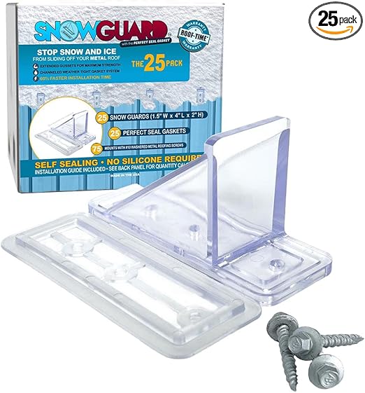 25 Pack Snow Guards with Perfect Seal Gaskets & Screws Stop Snow from Sliding Off Your Metal Roof Gutter Guard Block Stops Breaks Birds Blocks Stoppers Blox…
