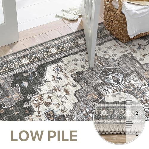 GENIMO 2X6 Hallway Runner Rug, Machine Washable Non Slip Vintage Floral Patchwork Runners, Thin Low Pile Chenille Carpet Runners for Entryway, Kitchen, Bathroom, Bedroom, Slate Gray