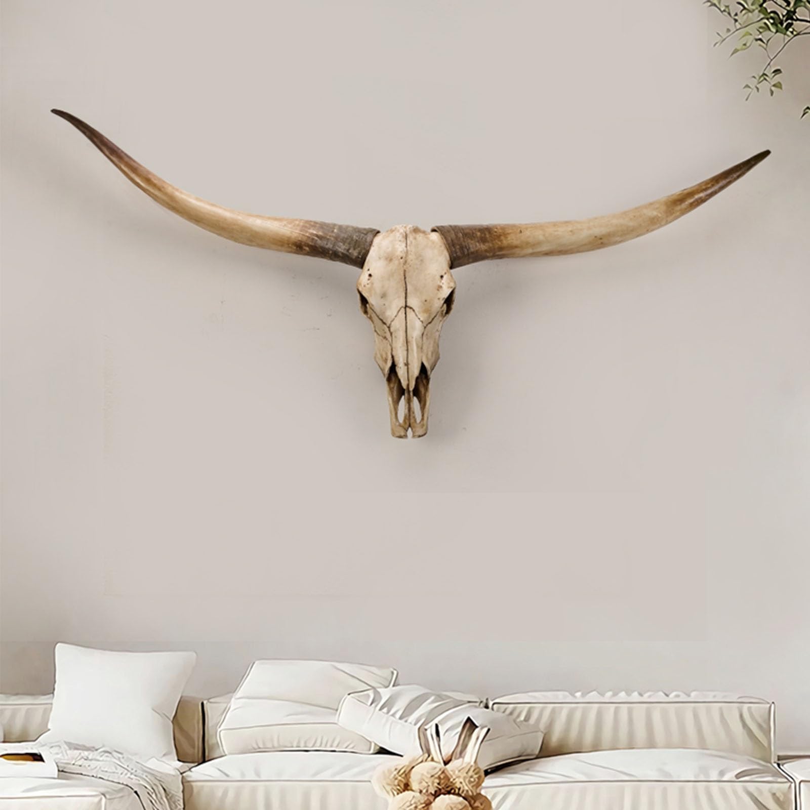 Decoración de pared de calavera de toro de cuerno largo sintético con cuernos montados para decoración medieval de entrada