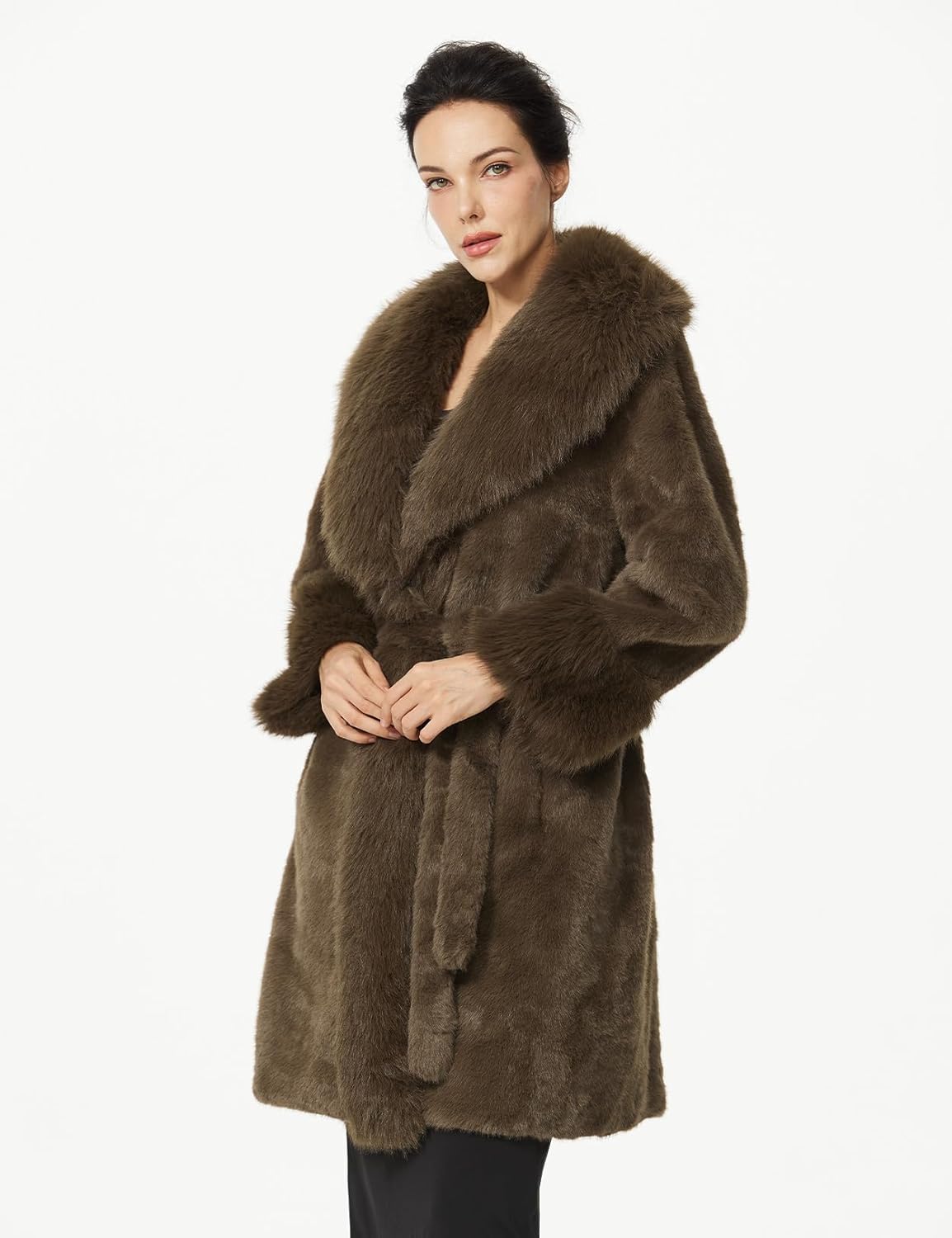 Luxurious Faux Fur Coat with Belt and Pockets Elegant Winter Knee Length Fur Jacket for Women Solid Color - Image 3