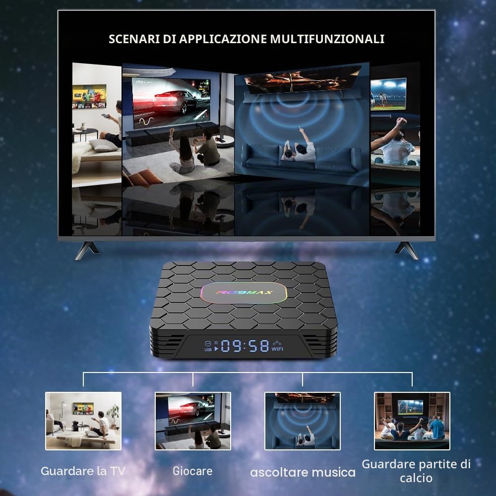 Android 14.0 TV Box, Box TV 4GB RAM 32GB ROM RK3528 Quad-Core Cortex-A53 8K Decoder, supporto 2.4G/5.0GHz Dual Wi-Fi 6 BT 5.0, USB 3.0/2.0, HDMI 2.0 Smart TV Box