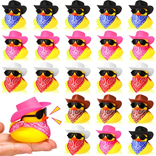24 Set Cowboy Rubber Duck Mini Yellow Duckies Bath Party Toy Tiny Ducks Bathtub Toy with Cowboy Hat Paisley Bandanas Sunglasses for Summer Baby Shower Birthday Swimming Party, Cute Style