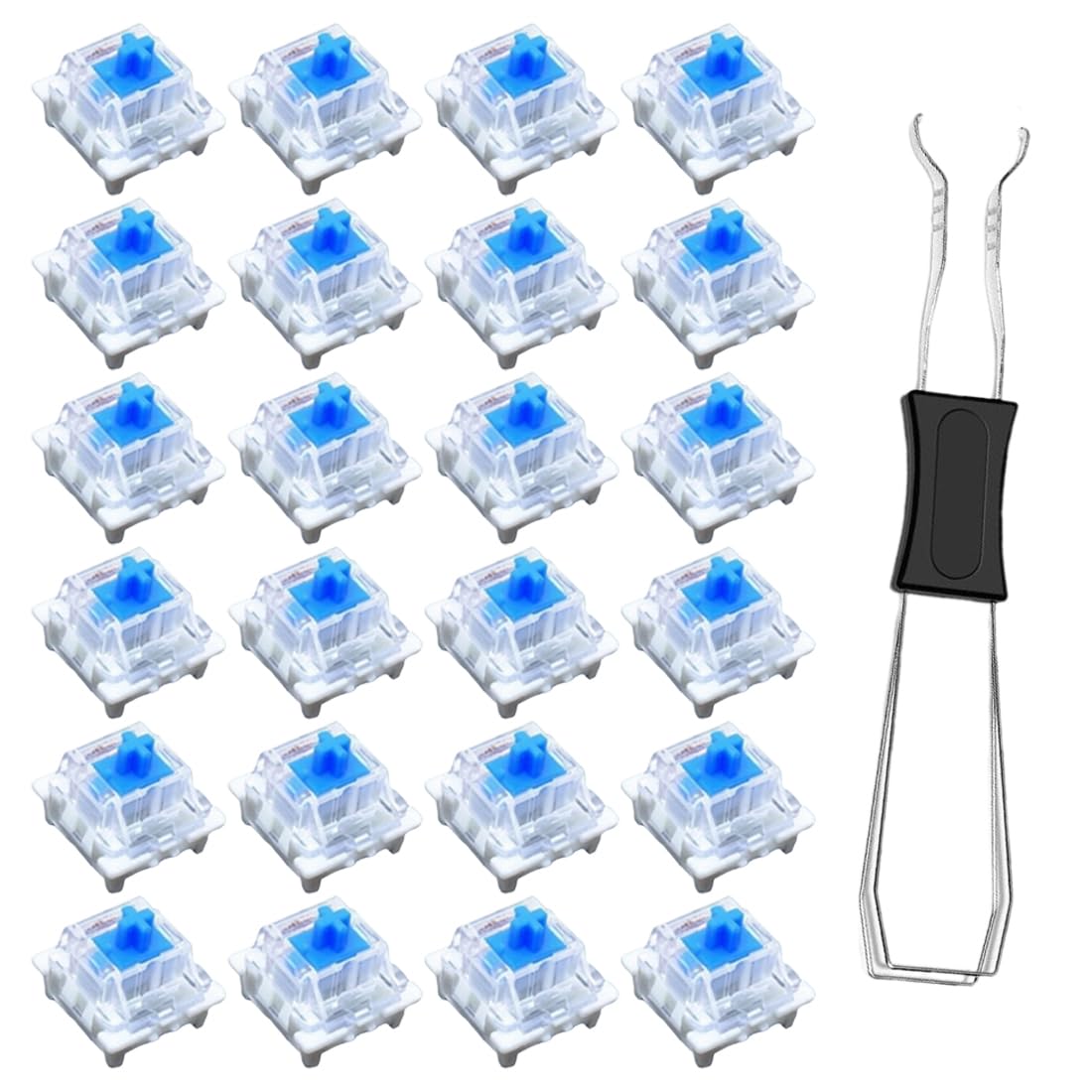 Interruptores Mecánicos de Teclado, 24 Switches Azules Clicky 3 Pines + Extractor, Compatibles Chery MX/RGB, para Personalizar y Reparar Teclados Gaming