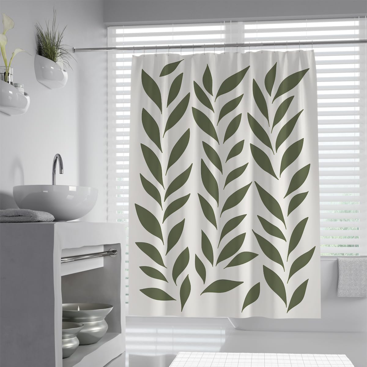 UIRINGART Botanical Shower Curtains W120xL180cm Abstract Sage Green Olive Leaf Vine Branch Foliage Print Mildew Mould Resistant Fabric Bathroom Curtain
