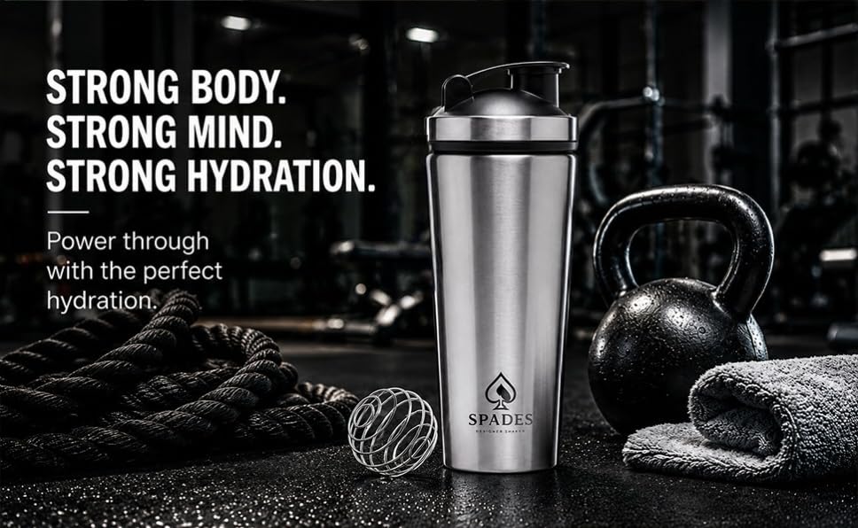 Image of SPADES Stainless Steel Gym Shaker Bottle 750ml with Mixing Ball | Leakproof Protein Shaker for Gym, Wide Mouth, Leckproof, Measurement Markings, Sipper Cap | Metal Shaker for Men,Women (Silver /P1)