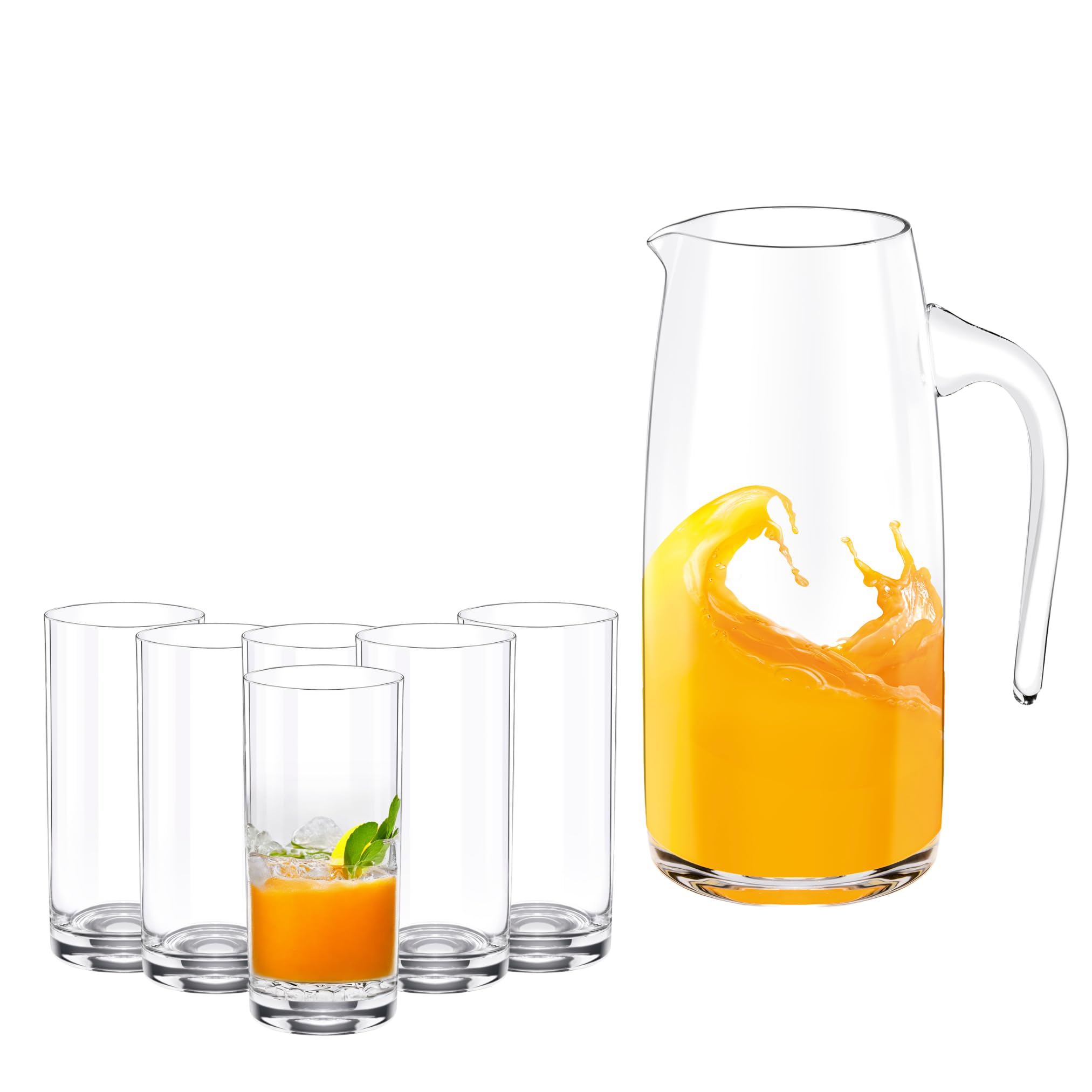 Wilmax Jarra de cristal de 1 l con 6 vasos de agua de 390 ml, juego de bebidas, jarra de agua para zumo, agua, té helado, leche, jarra de cristal, jarra de agua, apta para lavavajillas, jarra de