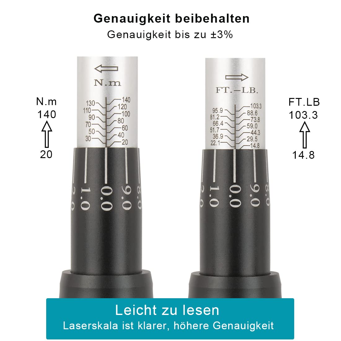 Awang Chiave dinamometrica 3/8", 20-140 Nm, set di chiavi dinamometriche per moto, ±3% precisione di errore, 72 denti