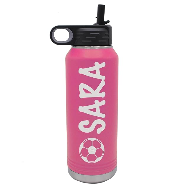 Custom Engraved Kids 32 oz Insulated Stainless Steel Powder Coated Sports Water Bottle with Lid and Straw -