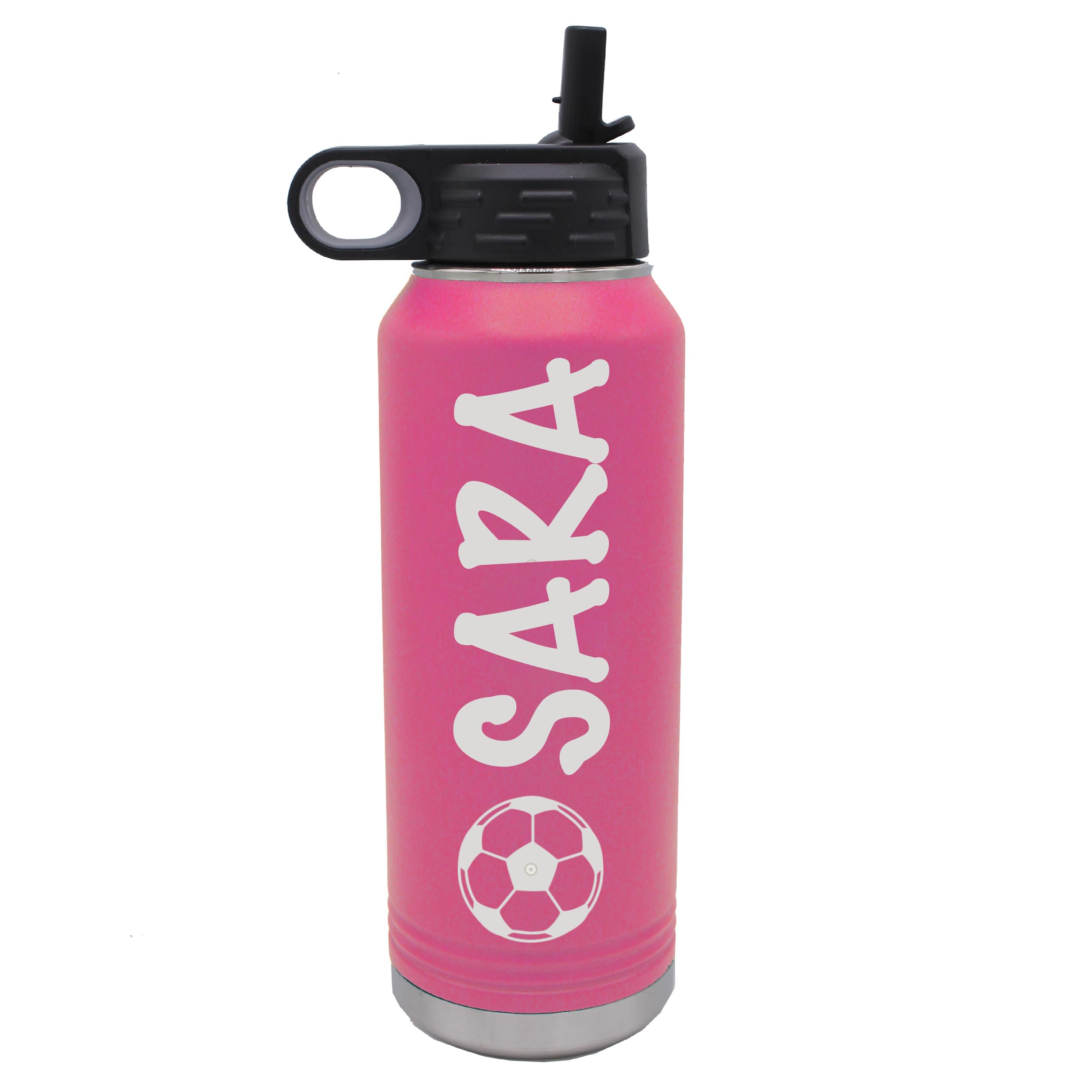 Custom Engraved Kids 32 oz Insulated Stainless Steel Powder Coated Sports Water Bottle with Lid and Straw -
