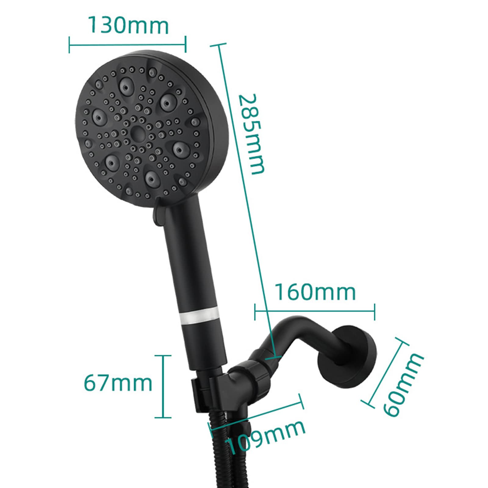Ducha de Mano de Alta presión en ABS con 9 Funciones, Soporte Ajustable y Manguera de Ducha de 59 Pulgadas,Negro