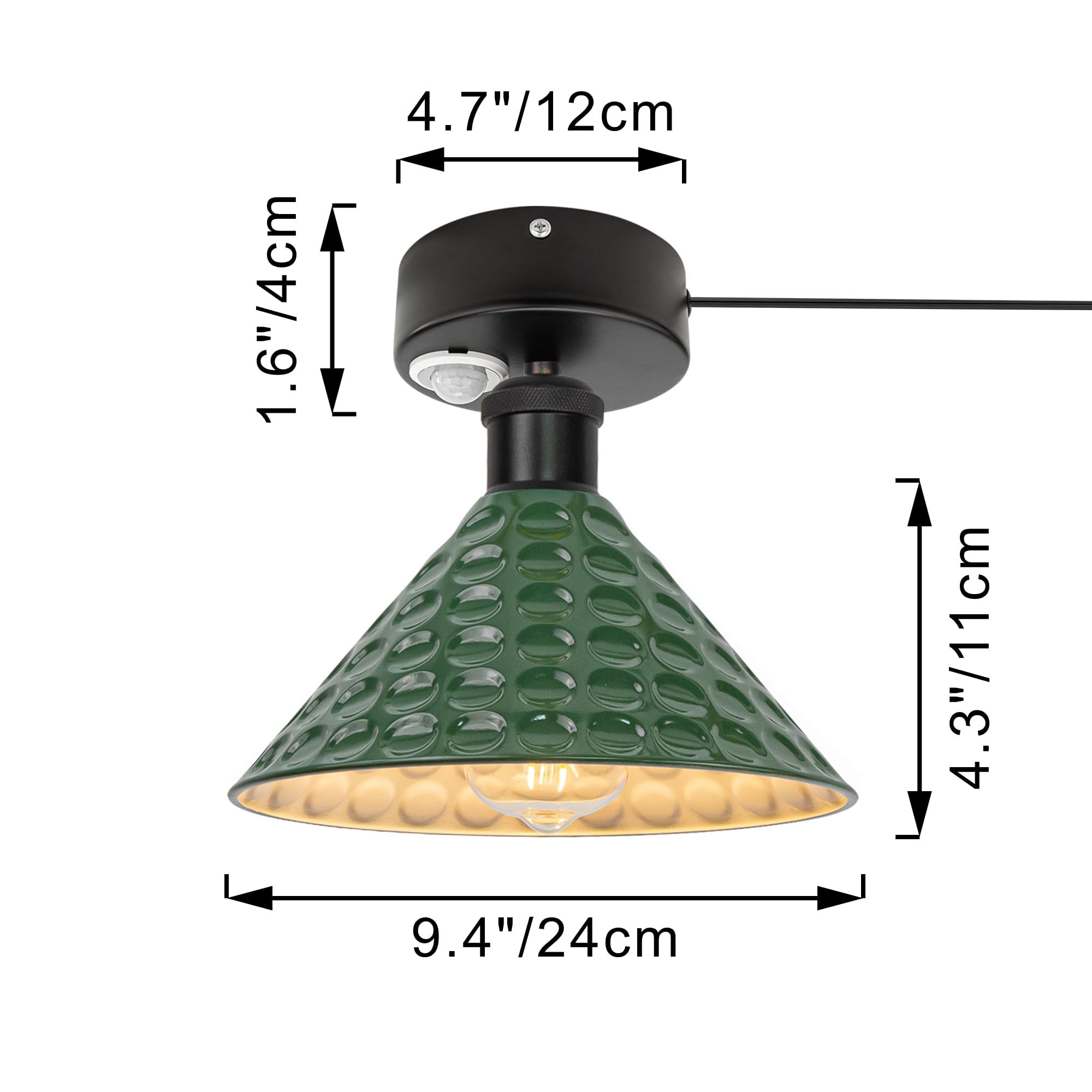 Lampada da soffitto con sensore di movimento interno, in ferro industriale, con sensore di movimento radar con cavo da 4,5 m e portalampada E27, per corridoio, bagno, scale, garage, verde