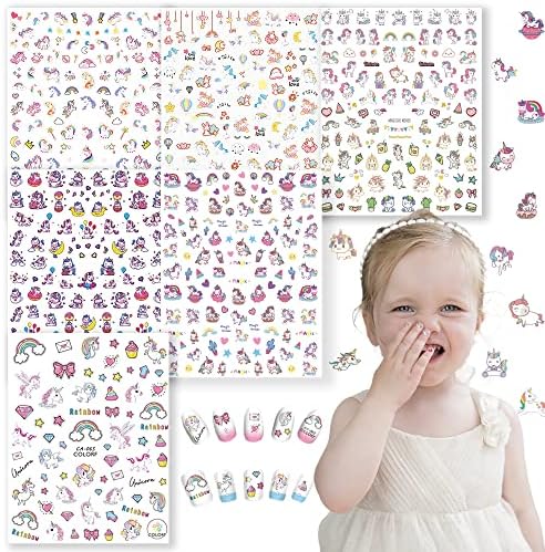 MUACHCHA 6 Sheets Unicorn Kids Nail Stickers Decals Self Adhesive 3D Design Art Nail Tips Cute Manicure Accessories Fingernail Toenails Decorations for Little Girls Children Birthday Party Gift
