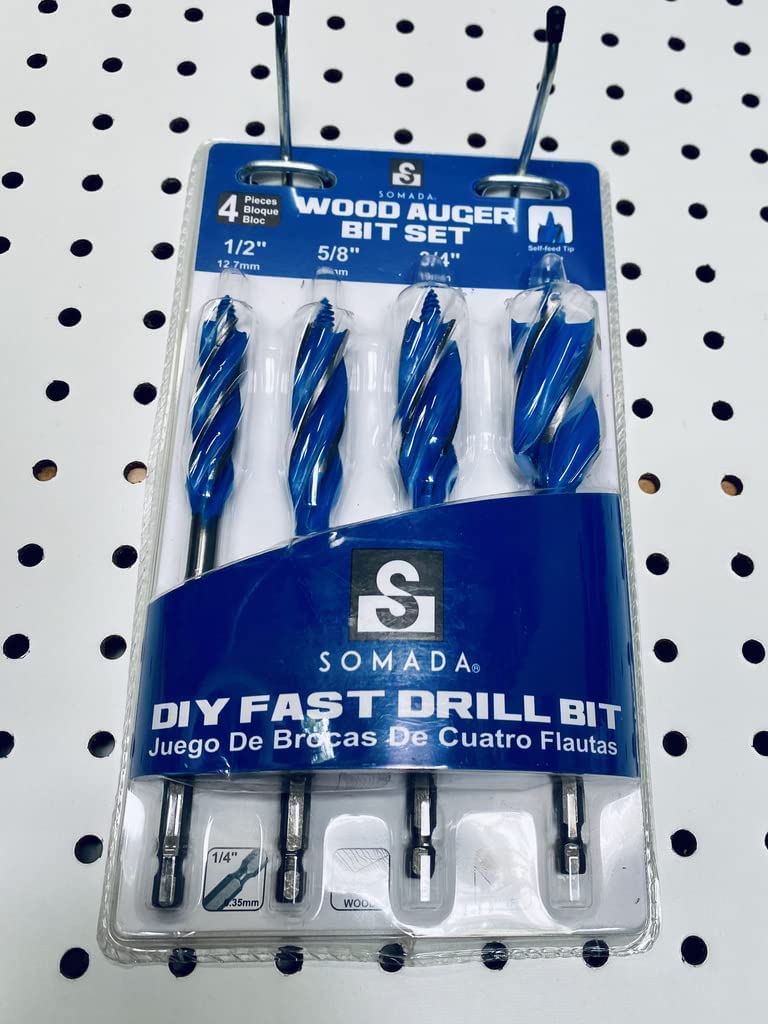SOMADA Auger Drill Bit Set for Wood, 4-Piece, 1/2", 5/8", 3/4" and 1" Inch Size, Impact Wood Auger Set with Quick Change - - 