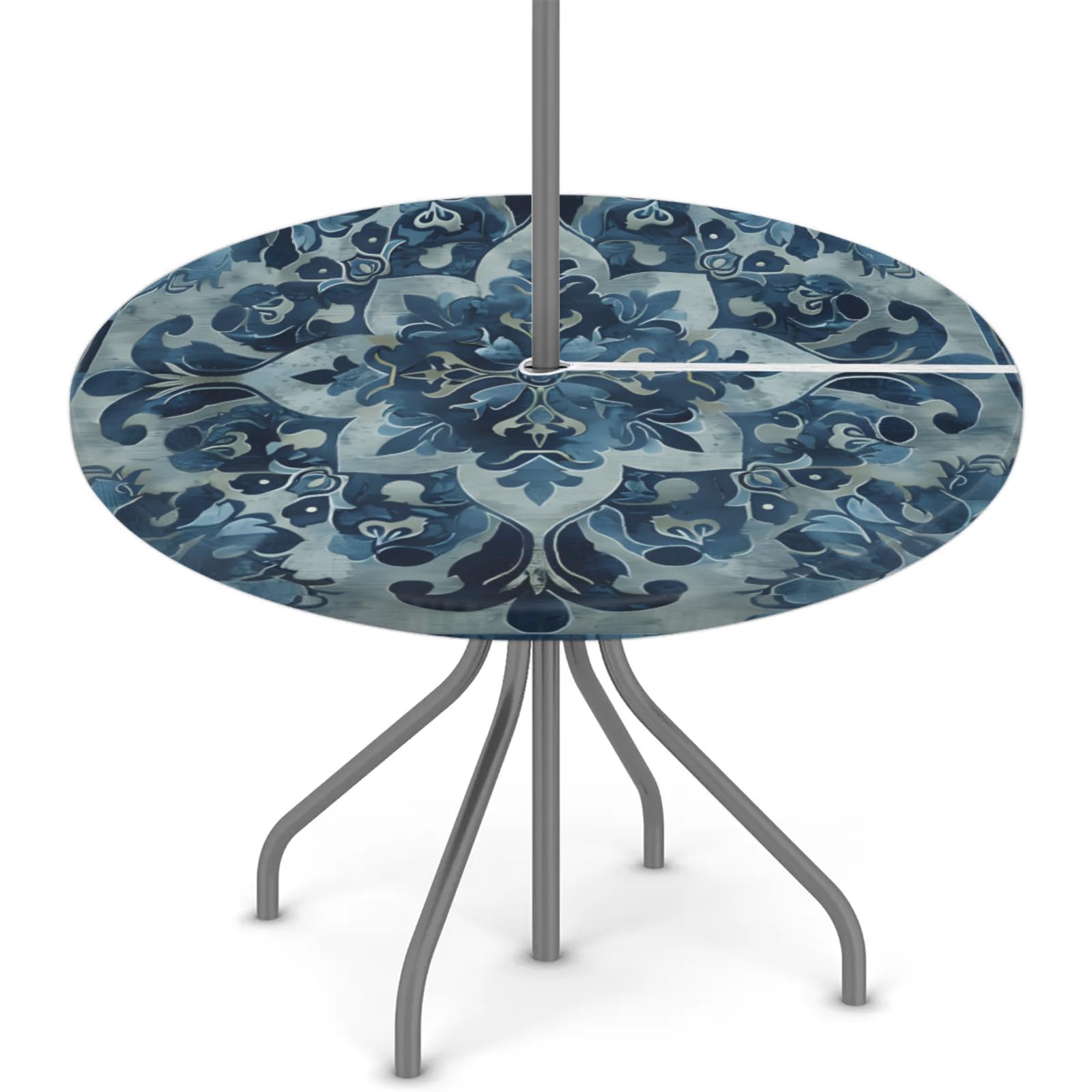 Outdoor Round Tablecloth with Umbrella Hole, Ethnic Style Fitted Table Cloth Waterproof Umbrella Table Cover Elastic Circle Table Cloth with Zipper