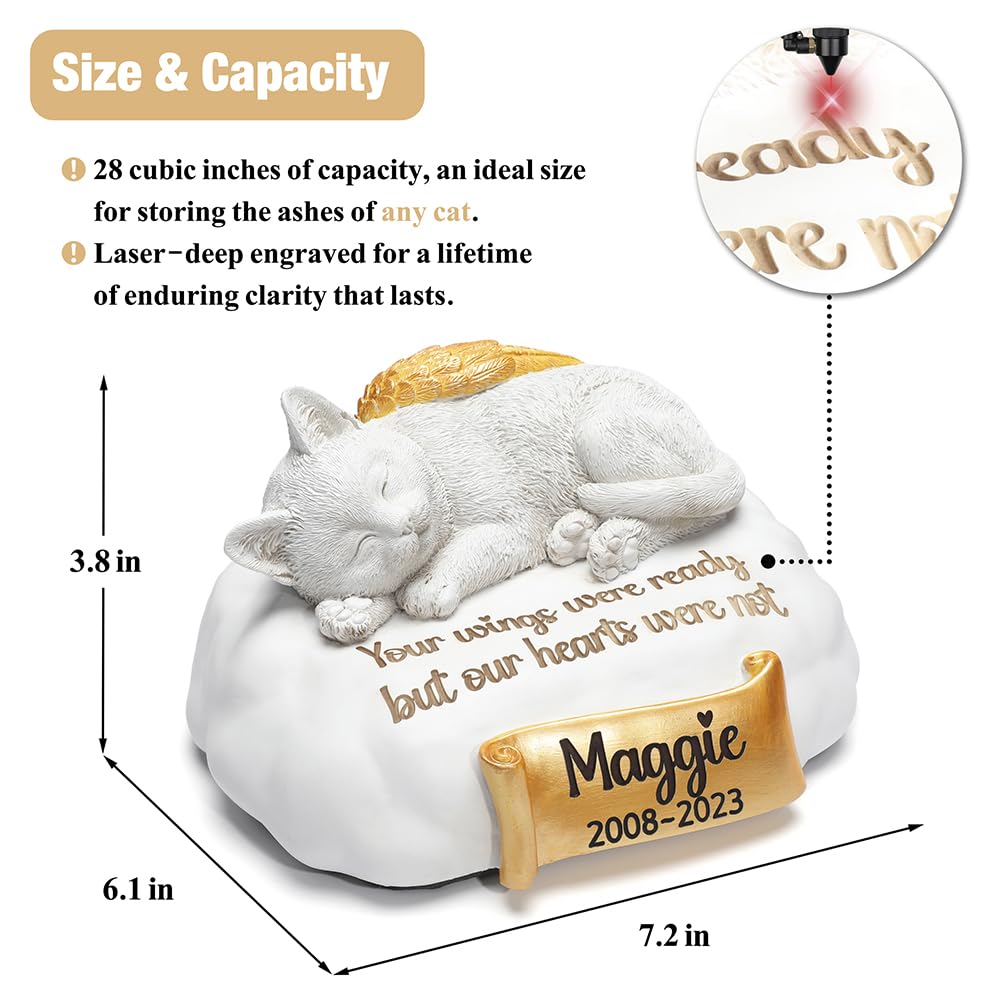 HENTOL Personalized Cat Urn, Pet Urns for Cat Engraved with Your Pet's Name,Date and Quote, Sleeping Resin Cat Urns for Ashes