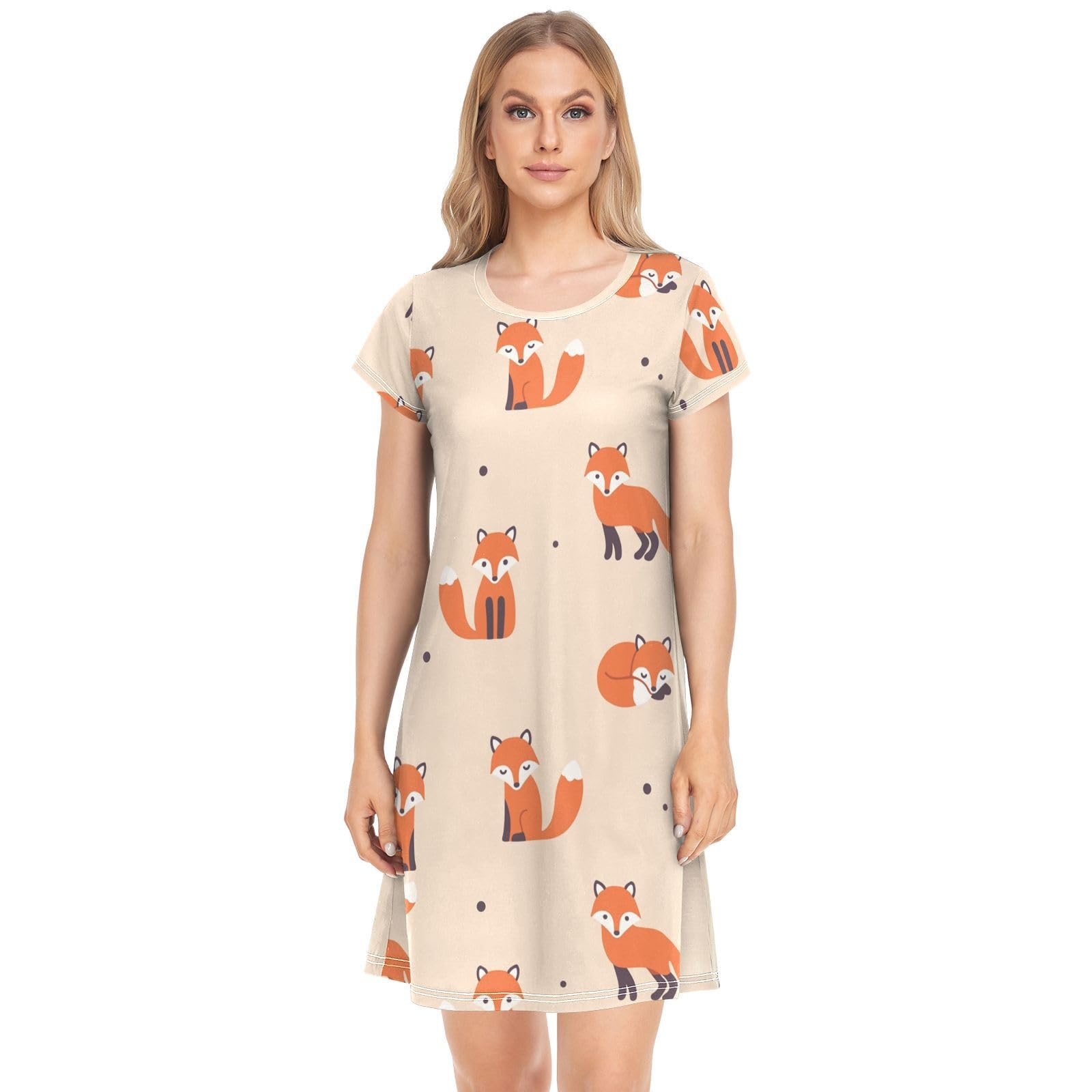 YOUJUNER Women's Nightdress Cute Fox Pattern Nighties Nightgown Short Sleeve Nightshirt Sleepwear Loungewear T-Shirt Dress