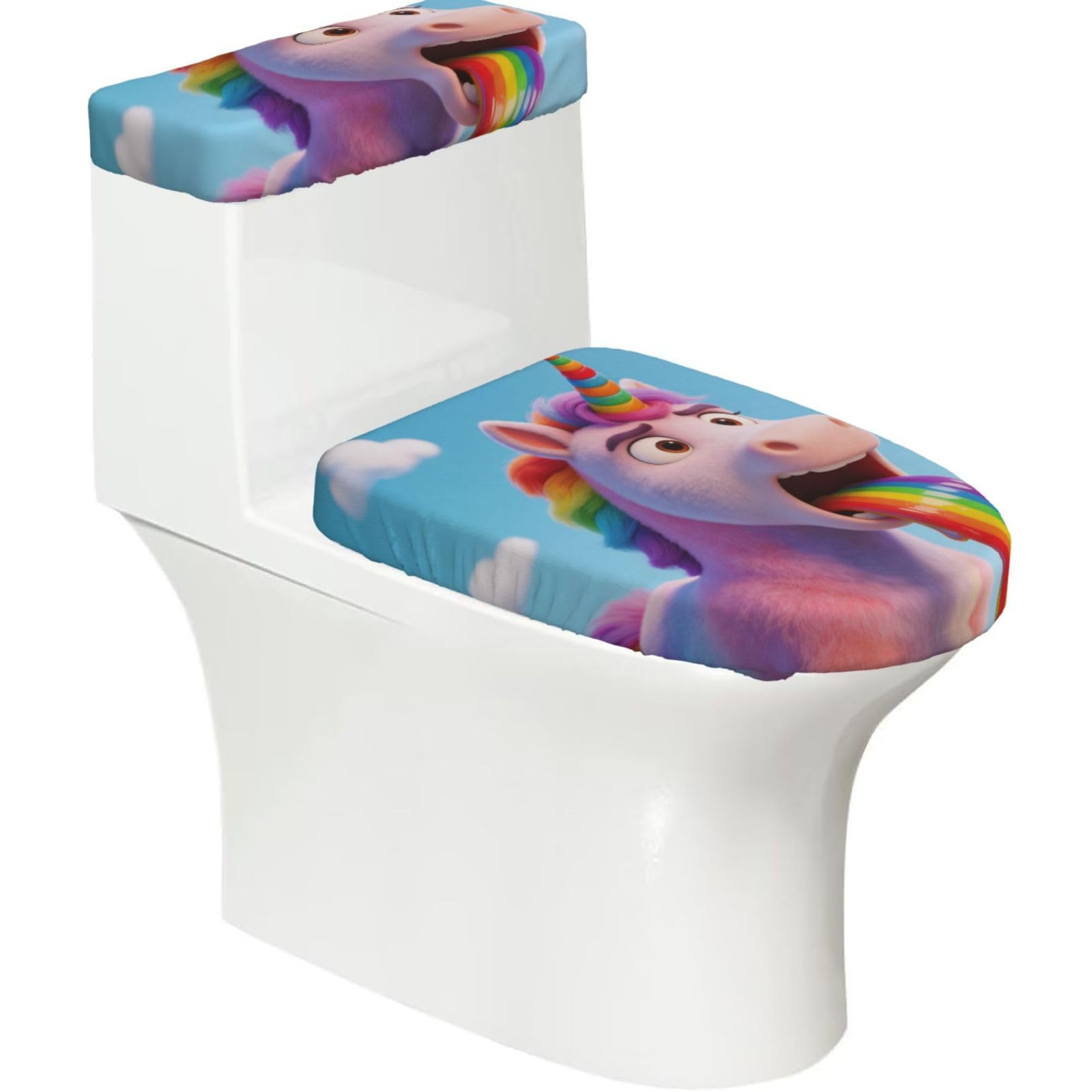 Unicorn Vomit Rainbow Elastic Toilet Cover Set of 2-Stretchy Lid and Tank Covers for Bathroom, Soft Washable U Shape Toilet Decor