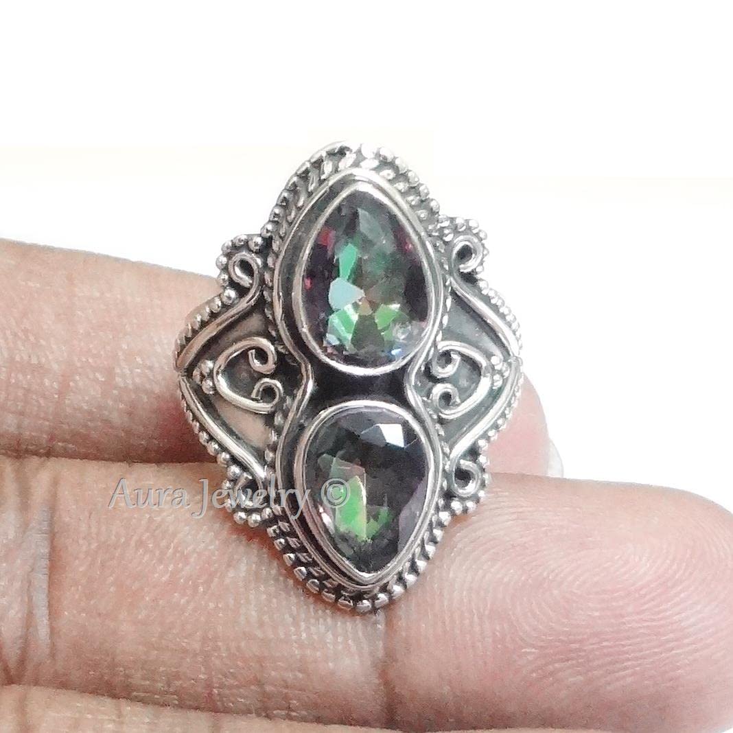 Sólido anillo de plata de ley 925 para mujer Anillo de topacio místico natural Anillo de compromiso de plata de ley Conjunto de bisel Anillo de piedras preciosas