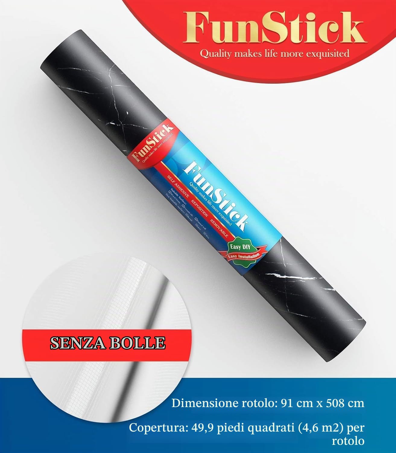 FunStick 90CMx5M Carta da Parati Cucina Soggiorno Pellicola Autoadesiva Marmo Carta da Parati Adesiva Mobili Nera Rivestimento Piano Cucina Bagno Pellicola Adesiva per Mobili Effetto Marmo Nero