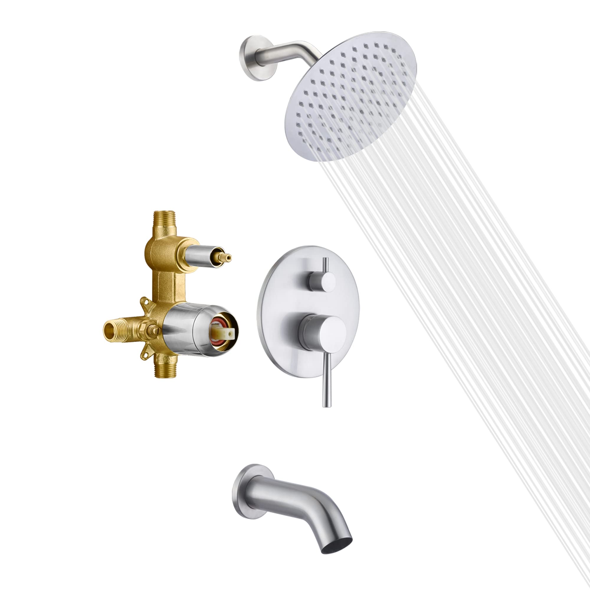 sumerain Tub and Shower Faucet with Rough in Valve, Brushed Nickel Shower Faucet with Tub Spout, 8 Inch Rain Shower Head