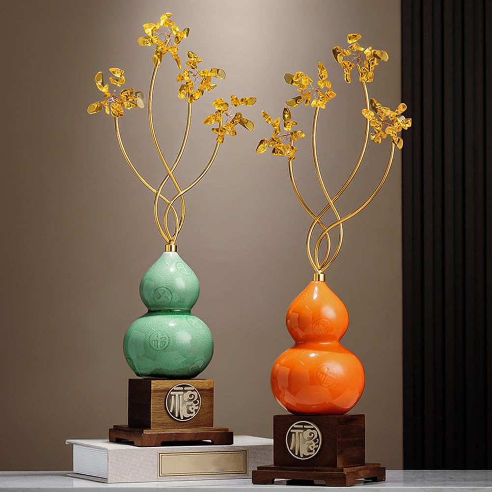 Posąg tykwy na szczęście Feng Shui, ozdoba rękodzieła ceramicznego, ręcznie robiona rzeźba do wyposażenia wewnętrznego stołu Dekoracja półki na książki domu Bezpieczeństwo Zdrowie,Green