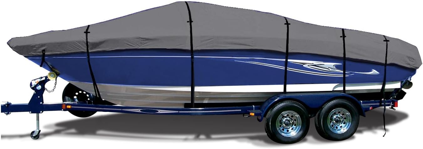 EliteShield Heavy Duty Waterproof Trailerable Boat Cover fits V-Hull Runabouts, Aluminum Fishing Boats, Pro Style Bass Boats, Fish&Ski (Size 0: 12ft-14ft Long, Beam up to 68", Blue)