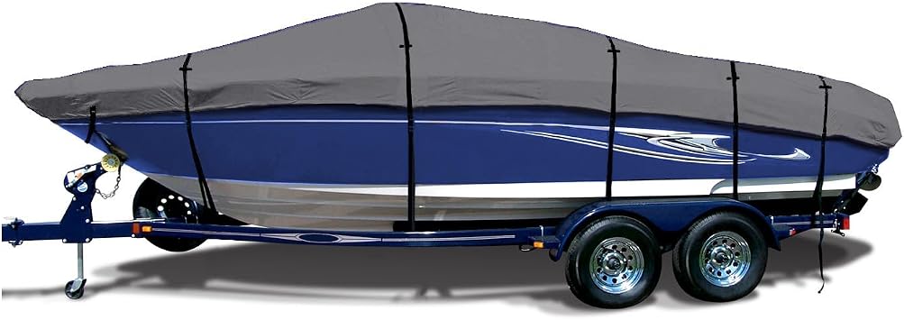 Heavy Duty Waterproof Trailerable Boat Cover fits V-Hull Runabouts, Aluminum Fishing Boats, Pro Style Bass Boats, Fish&Ski Size 6 22ft-24ft Long, Beam up to 116" Gray