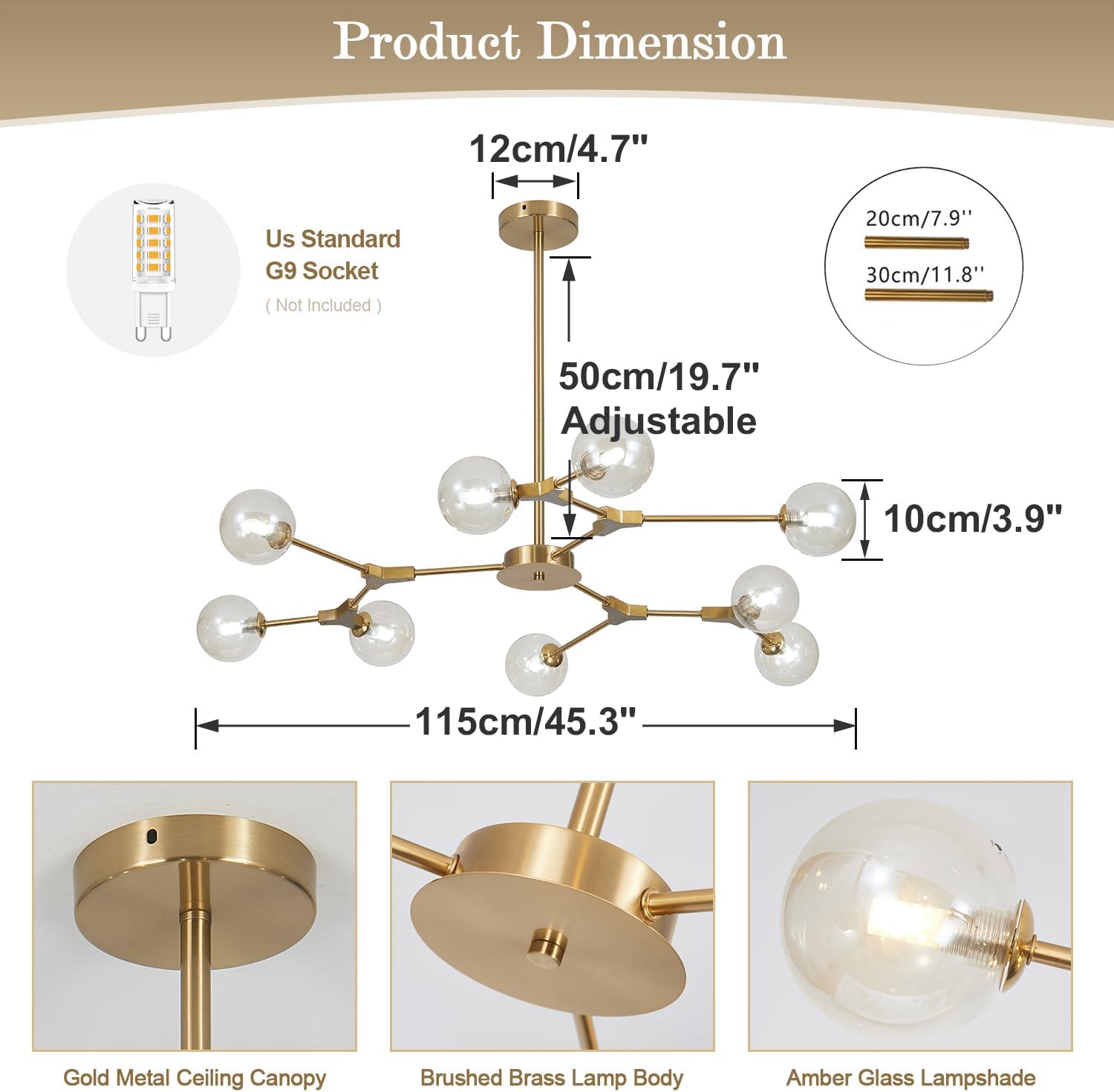 KCO Lighting Mid-Century Modern 9-Lights Globe Sputnik Chandelier Gold Amber Glass Ball Chandelier Pendant Light Brushed Brass Flush Mount Ceiling Light Fixture