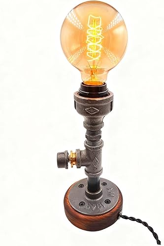 Lámpara de mesa industrial Steampunk, estilo Edison vintage, diseño de tubo de hierro negro con base de madera, luz decorativa de escritorio para