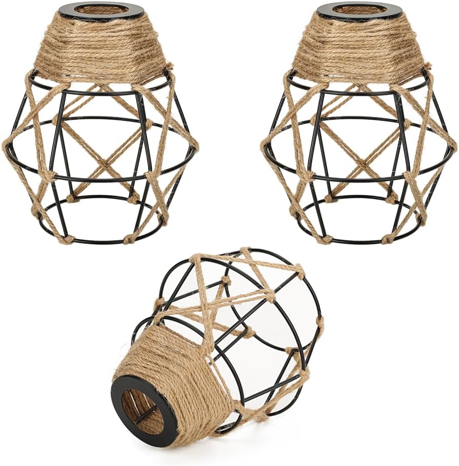 3 Pack Industrial Hemp Rope Pendant Lamp Shade, Small Vintage Boho Hanging Light Shades, Mini Rustic Metal Cage Lampshade for E27 Chandelier Wall Sconces Ceiling Hanging Pendant Light Fixture