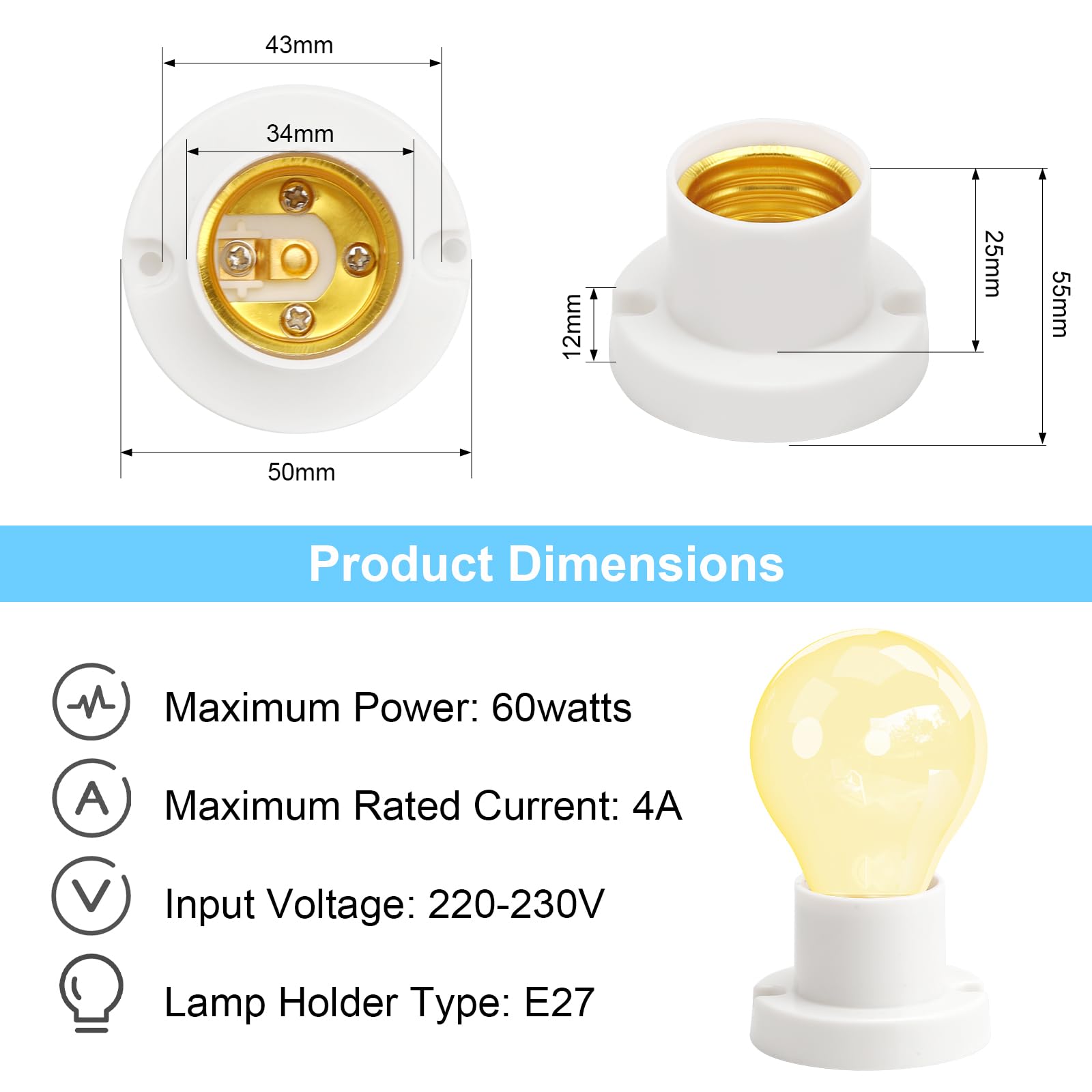 DAWRIS 4 piezas de portalámparas impermeables E27 con destornillador de cruz, portalámparas E27 de plástico ABS para techo para lámparas E27 para pasillos, balcones, sótanos, garajes (blanco)