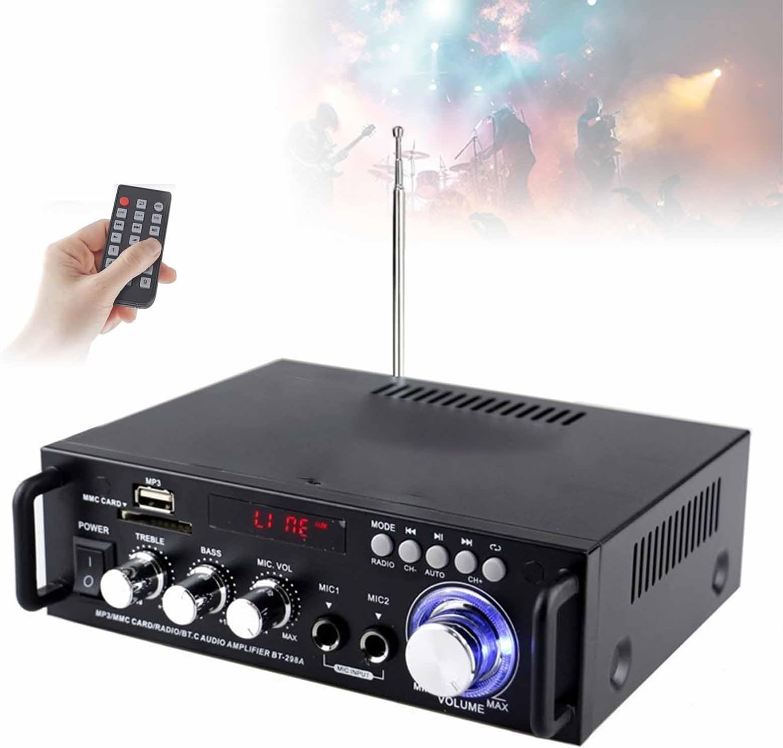 HiFi Stereo Amplifier with USB/SD Playback & Remote | 2-Channel Home Audio Power Receiver for Speakers, Dual Mic Karaoke, FM Radio, LCD Display,Black
