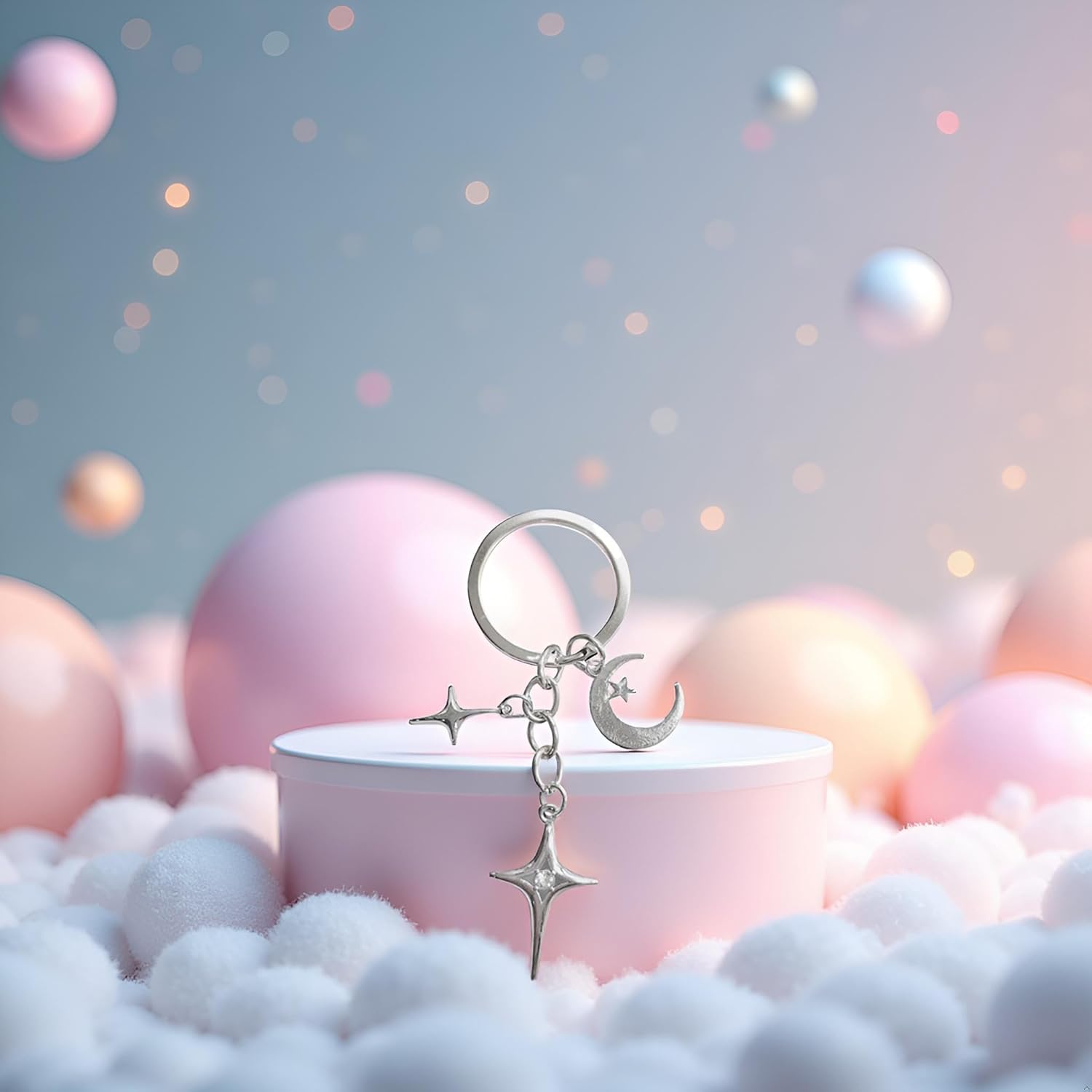 Silver Cute Star Moon Keychain Aesthetic Accessories Stainless Steel Key Ring Purse Handbag Backpack Bag Charms Car Holder Convenient to Carry Decoration,Keyrings and Charms Accessories - Image 2