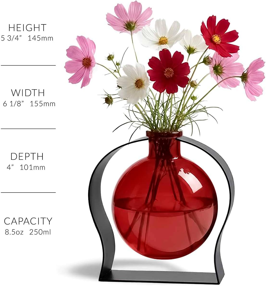 Couronne Company M244-200-06 Ball Recycled Glass Vase & Arched Metal Stand, 5 3/4", Red, 1 Piece