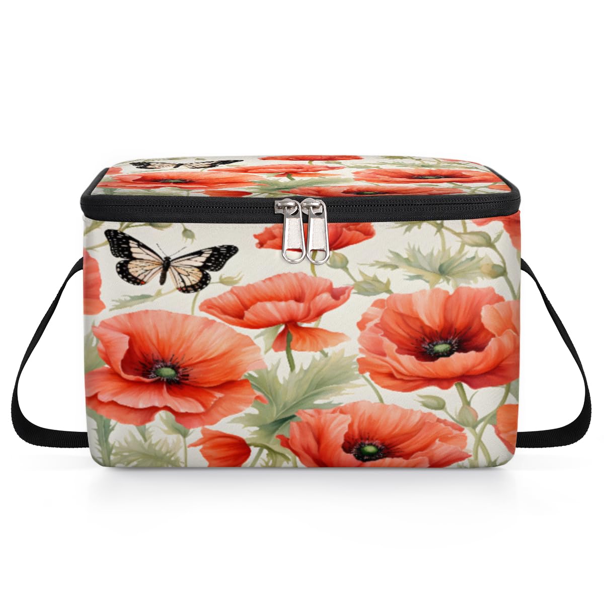GzLeyigou Red Poppy Lunch Bags for Women Men 9 Cans, Hot & Cold Food Delivery Bag Insulated Grocery Bag Insulated Lunch Box Butterfly Cooler Bag for Office Work Picnic Beach