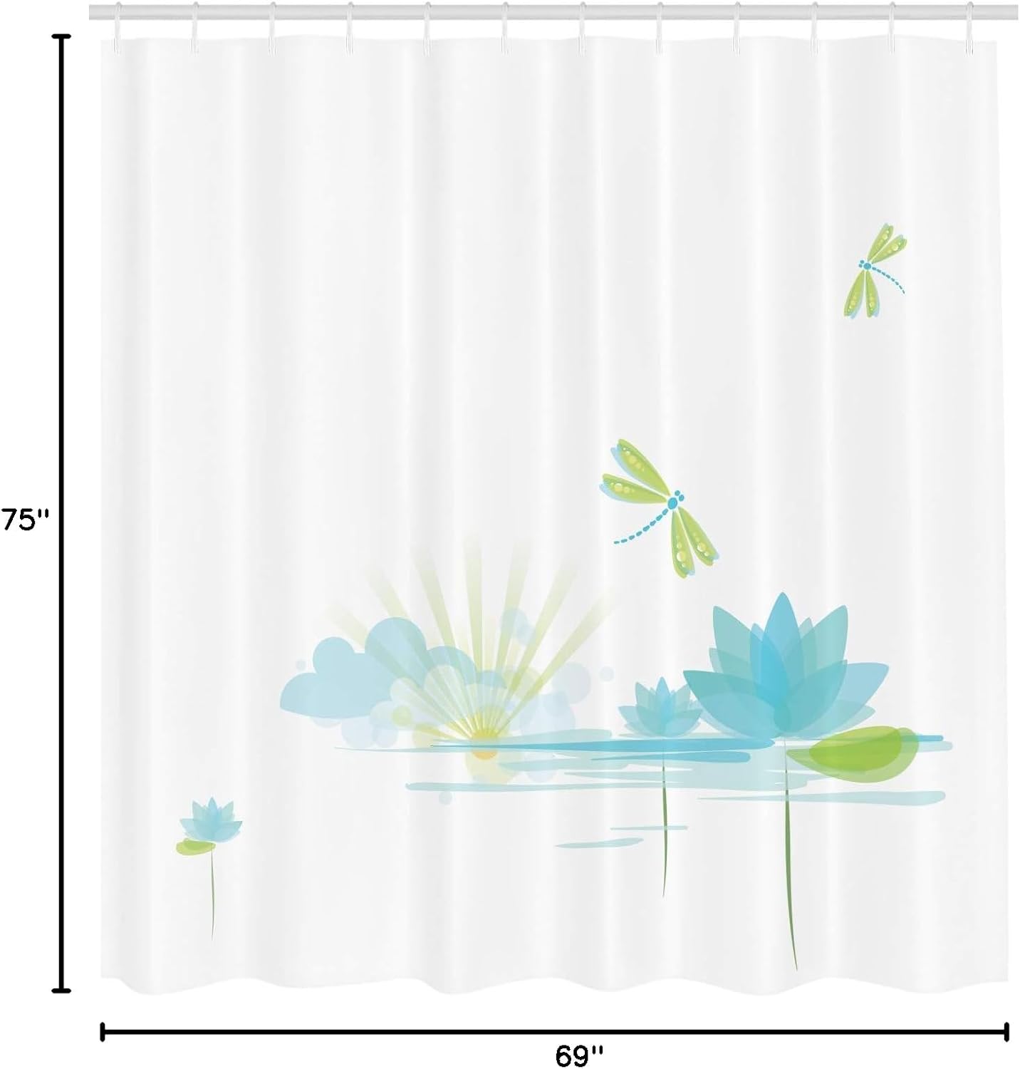 Ambesonne Dragonfly Shower Curtain, Waterlily and Dragonfly Nature Background Clouds Lake Sun Design, Cloth Fabric Bathroom Decor Set with Hooks, 69" W x 75" L, Apple Green Pale Blue