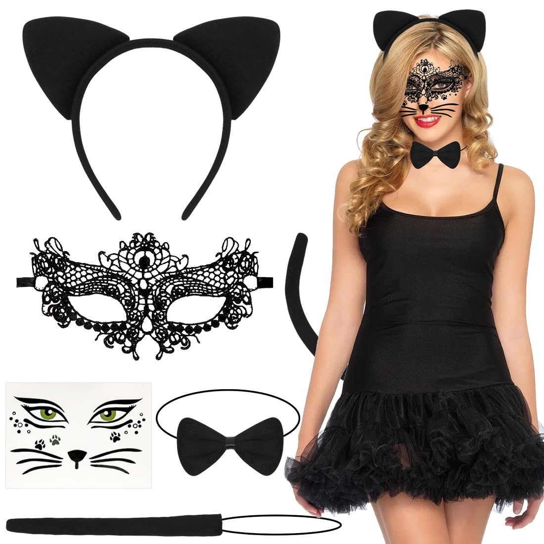 Süßes Katzenkostüm-Set Für Damen & Mädchen – 5-teiliges Cosplay-Set Mit Ohren, Schwanz & Maske Für Halloween & Karneval