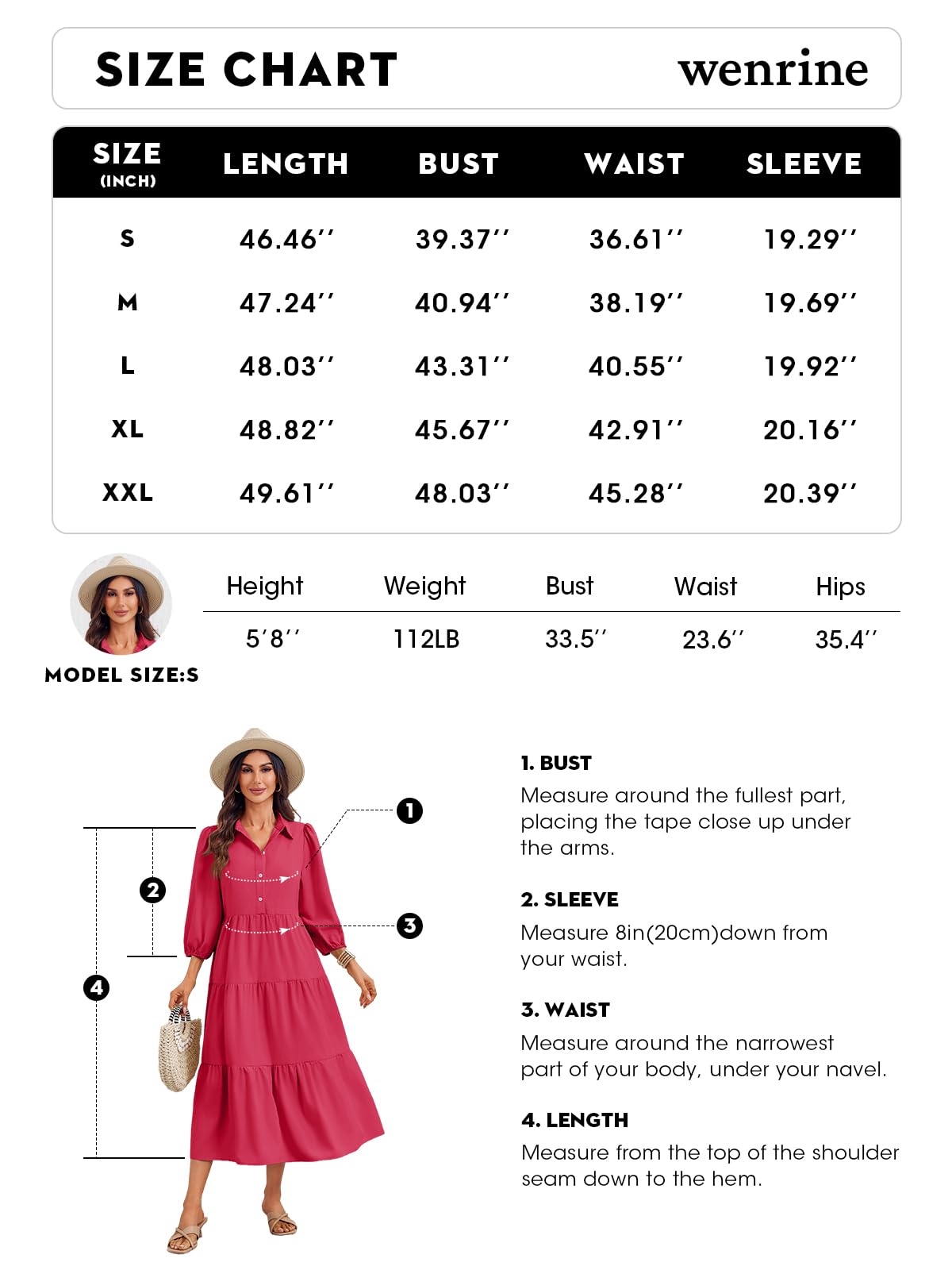 Wenrine Abito da donna casual con maniche a 3/4, con bottoni, scollo a V, colletto a balze