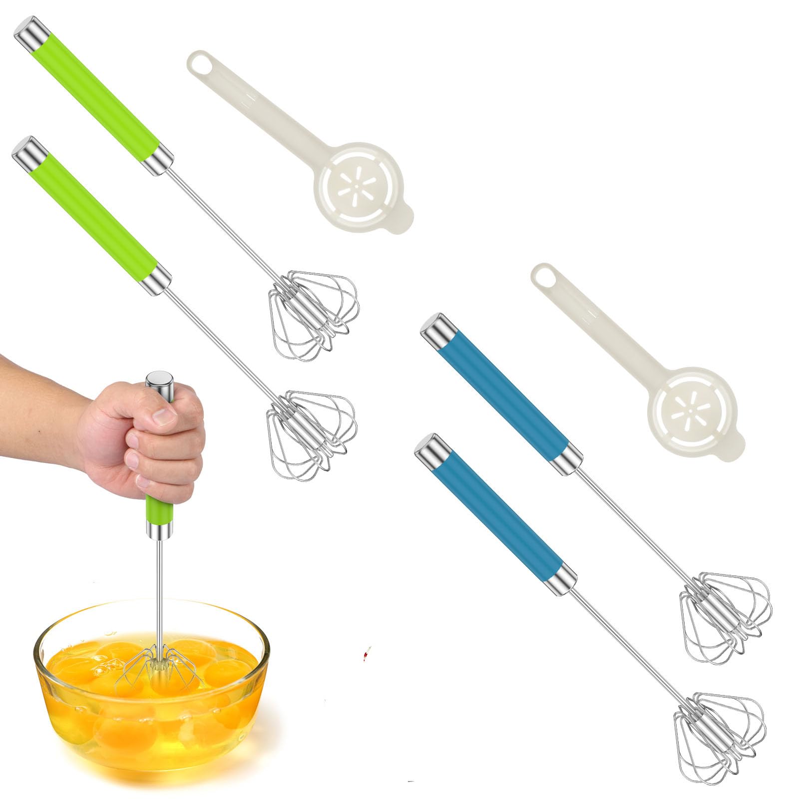 4Pcs Egg Whisk with Egg Separator Semi Automatic Whisk Stainless Steel 12inch Kitchen Whisk Hand Push Rotation Egg Beater for Baking Cooking Blending Stirring(Green+Blue)
