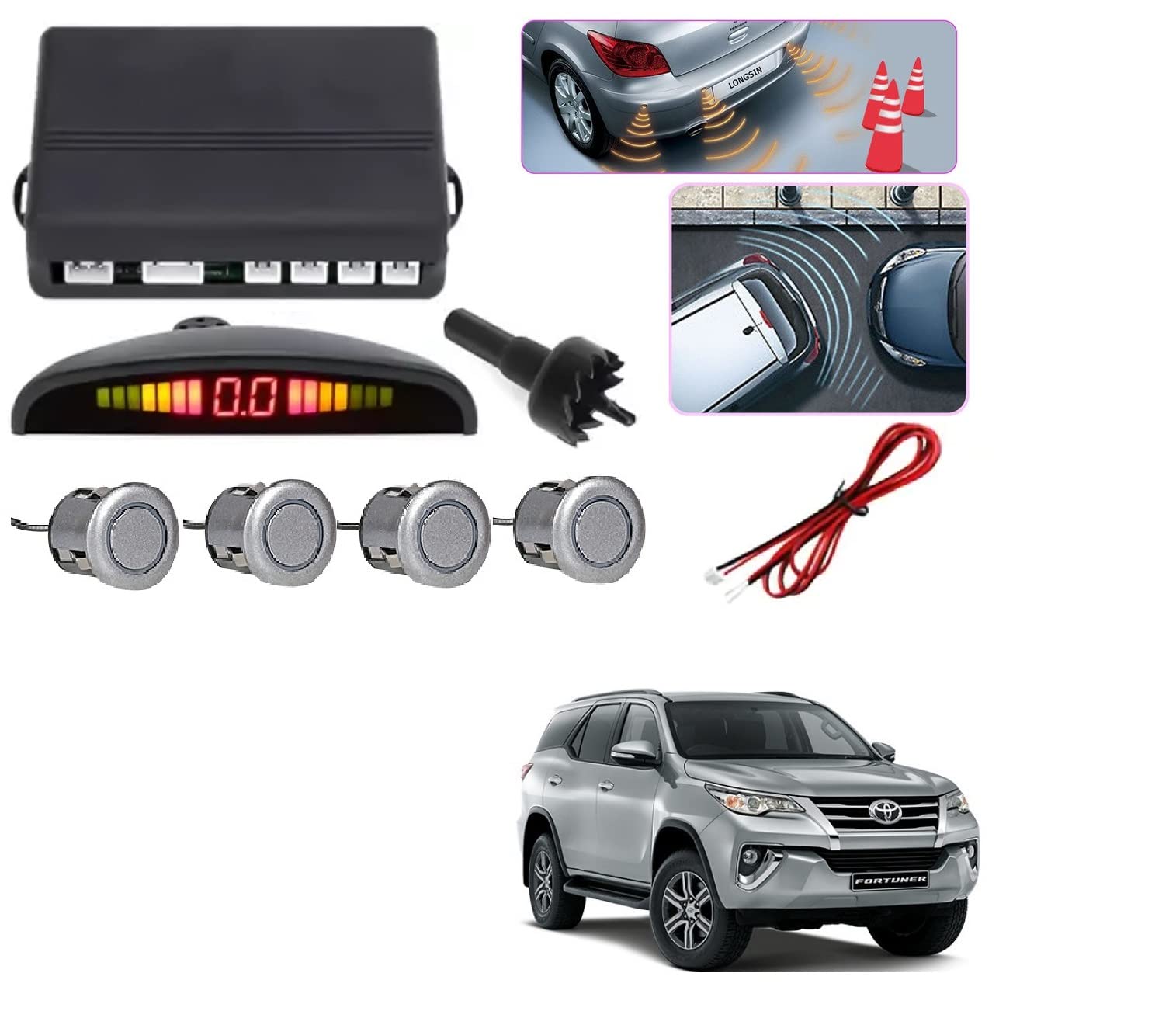 auto addict car reverse parking sensor with led display 4 sensor reverse parking auto radar detectors (silver) for fortuner (2016-2020)